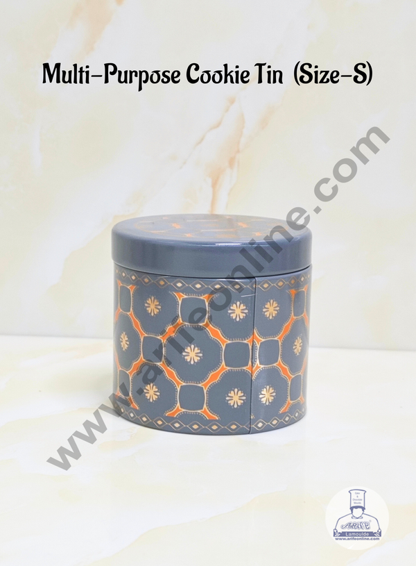 CAKE DECOR™Grey Gold Printed  Multi-Purpose Round  Cookie Tins | Airtight Tin Jars | Printed Metal Jar| Gift Hamper Jar (Size S)