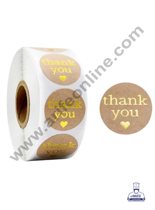 CAKE DECOR™ 1 Roll 500pcs Brown With Gold Thank You Self Adhesive Paper Sticker Labels 25mm