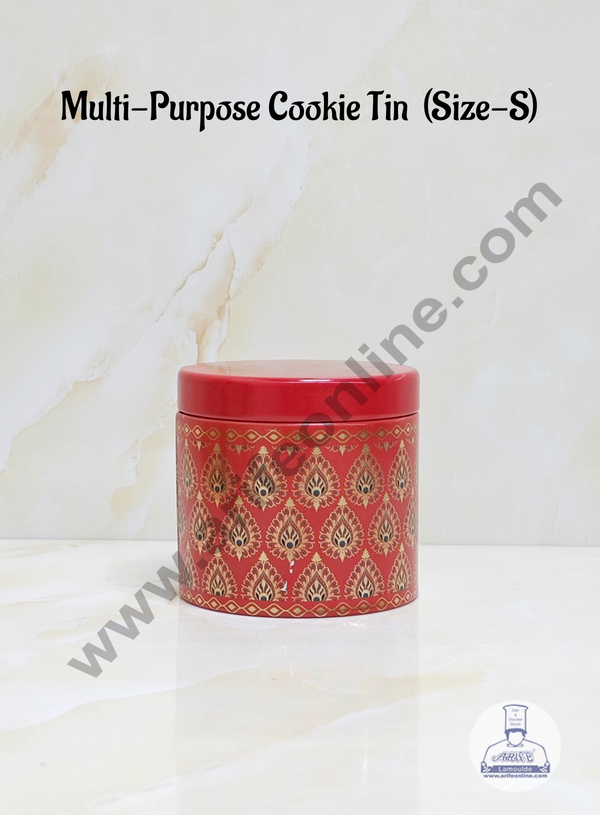 CAKE DECOR™ Red Petals Gold Printed  Multi-Purpose Round  Cookie Tins | Airtight Tin Jars | Printed Metal Jar| Gift Hamper Jar (Size S)