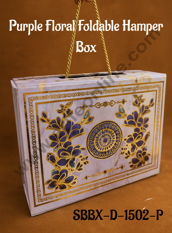 Purple Floral Foldable Hard Hamper Box With Handle | Gift Box | Present Box - 1 Pc - CAKE DECOR™