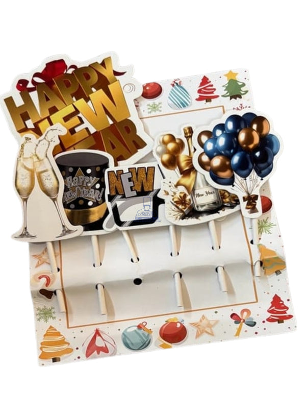 CAKE DECOR™ 6 pcs Set Of New Year's Eve themed paper toppers For Cake And Cupcake - Design 01
