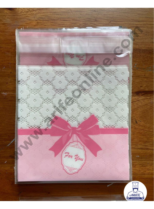 CAKE DECOR™ Lovely Lace Pink Bow Design Mini Packaging Bags | Cellophane Small Bags | Transparent Cookie Bags Cookie Pouch for Candy,Cookies and Biscuits Packaging | Self Adhesive | 100 Pcs