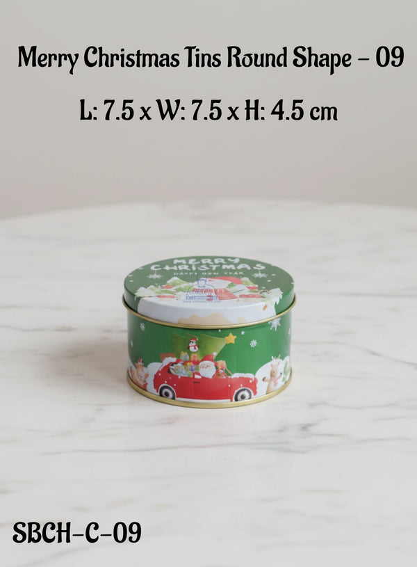 Cake Decor ™ Merry Christmas Tins Round Shape - 09 | L: 7.5 x W: 7.5 x H: 4.5 cm| Round Storage Containers Tins | 1 Pc Pack