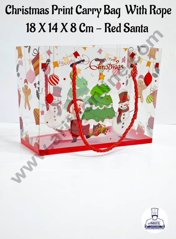 CAKE DECOR™ Christmas Print Carry Bag With Rope (18 X 14 X 8 Cm) - Red Santa | Gift Box | Gift Bag with Handle (1 Pcs Pack)