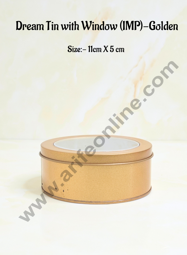 CAKE DECOR™ Dream Tin with Window (IMP) | Dream Cake Tin Torte cake Cookie Cake Tin - Golden Color - 11 cm X 5cm