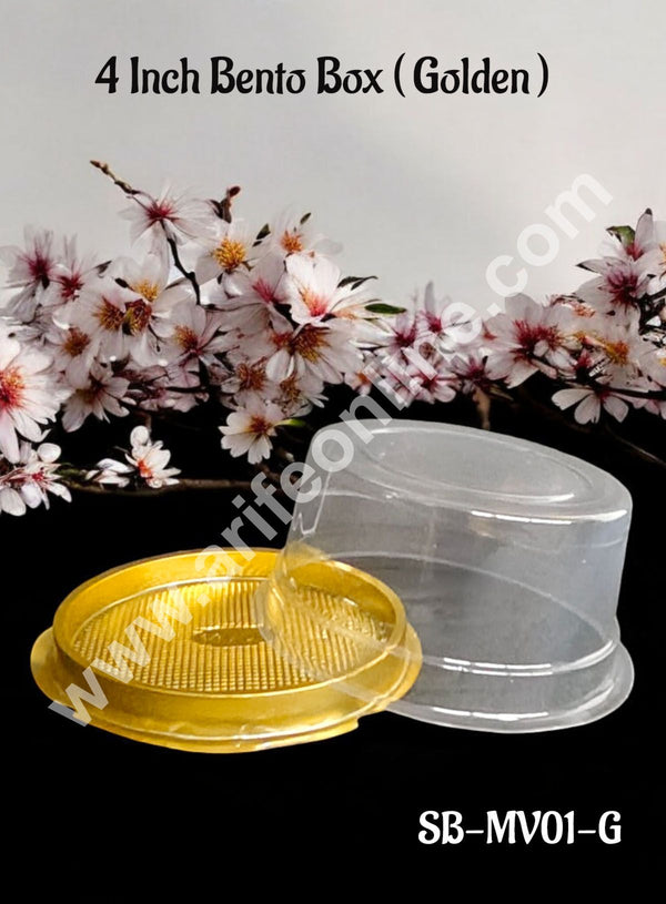 CAKE DECOR™  PVC Round Bento Box With Golden Base Cake Box | Dessert Packaging - 4 inch (1 Pcs Pack)