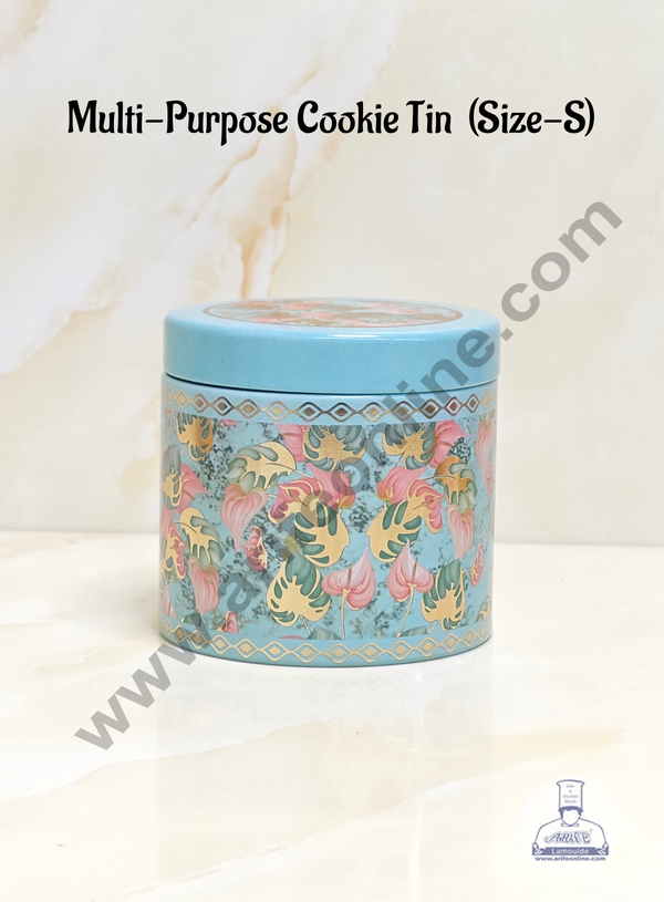 CAKE DECOR™ Light Blue Petals Printed  Multi-Purpose Round  Cookie Tins | Airtight Tin Jars | Printed Metal Jar| Gift Hamper Jar (Size S)