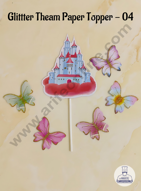 CAKE DECOR™ 6 pcs Castle Tag with Multi Colour Glitter Butterfly Paper Topper For Cake And Cupcake