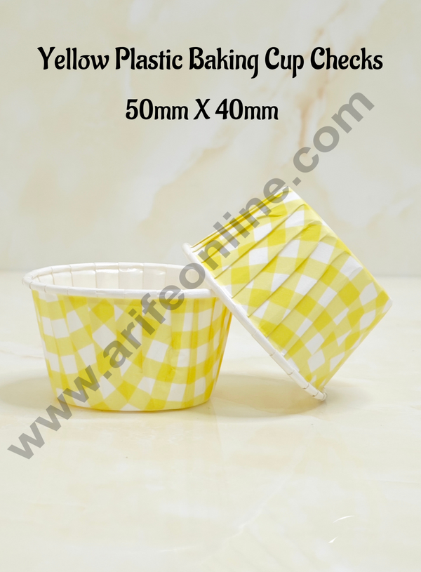 Cake Decor™  Plastic Baking Cup Checks Direct Bake-able Paper Muffin Cups - Yellow Checks (100 Pcs)