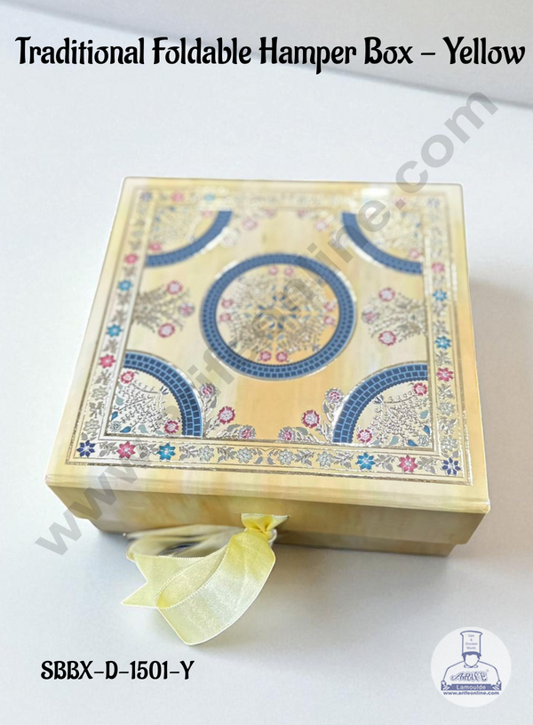 Yellow Traditional Foldable Hard Hamper Box With Ribbon | Gift Box | Present Box - 1 Pc - CAKE DECOR™