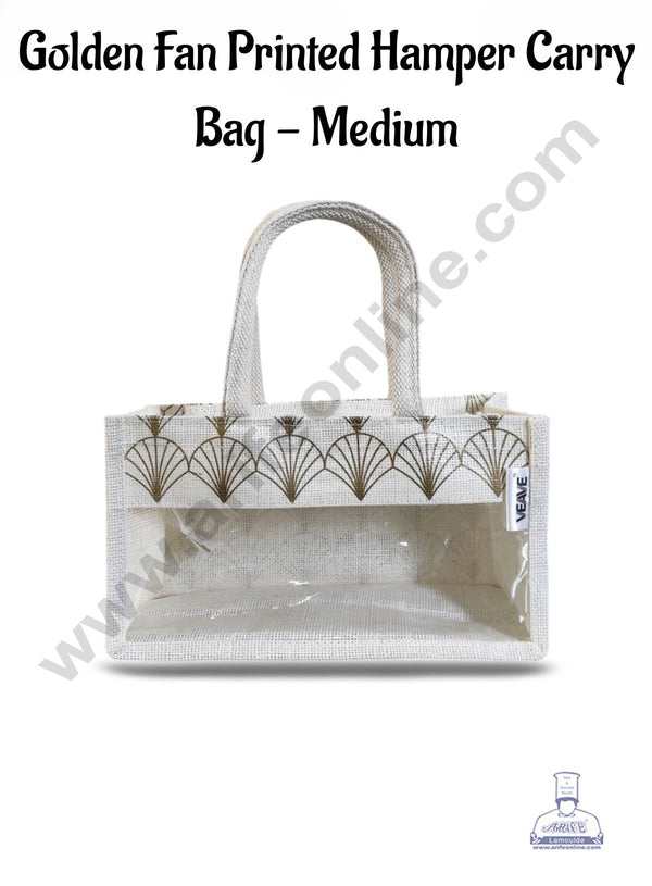 Golden Fan Printed With Transparent Front Jute Hamper Carry Bag - Medium  - CAKE DECOR™