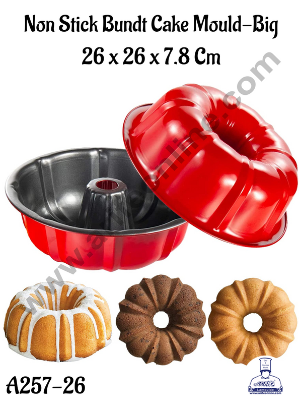 CAKE DECOR™ Large Non-Stick Bundt Cake Mould with Stylish Red Coating - 26 x 26 x 7.8 Cm