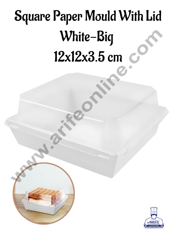 CAKE DECOR™ Square Shape Paper Moulds With Lid - White- Large (10 Pcs Pack)