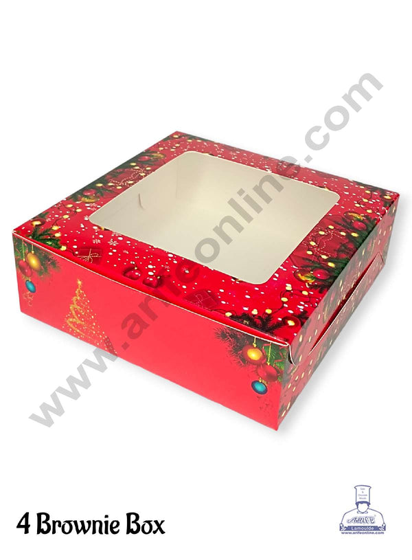 CAKE DECOR™ Christmas Theme 4 Cavity Brownie Boxes with Clear Window – Theme 9 ( 10 Pcs Pack )