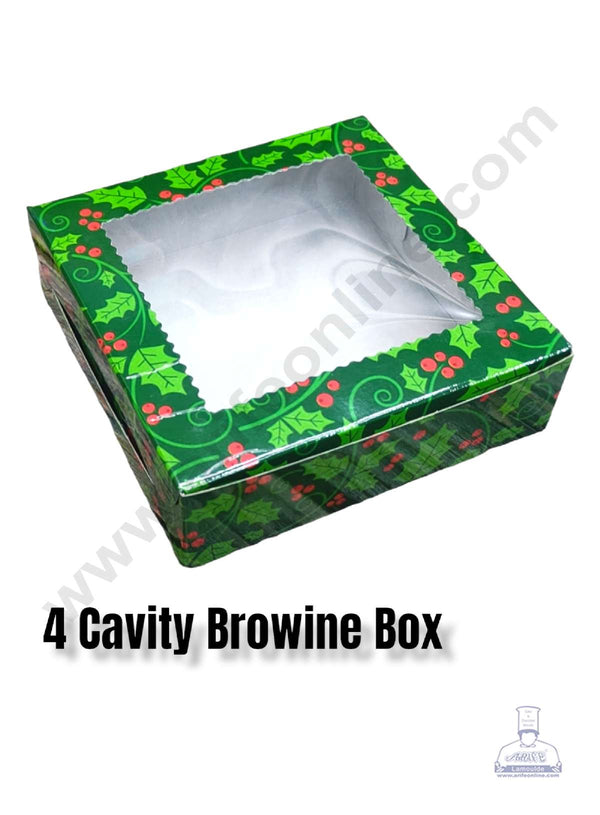 CAKE DECOR™ Christmas Theme 4 Cavity Brownie Boxes with Clear Window , Brownie Carriers – Christmas Theme 5 ( 10 Pcs Pack )