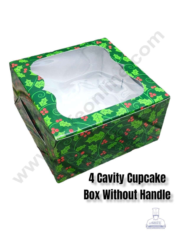 CAKE DECOR™ Christmas Theme 4 Cavity Cupcake Boxes Clear Window Without Handle, Cupcake Carriers - Christmas Theme 5 ( 10 Pcs Pack )
