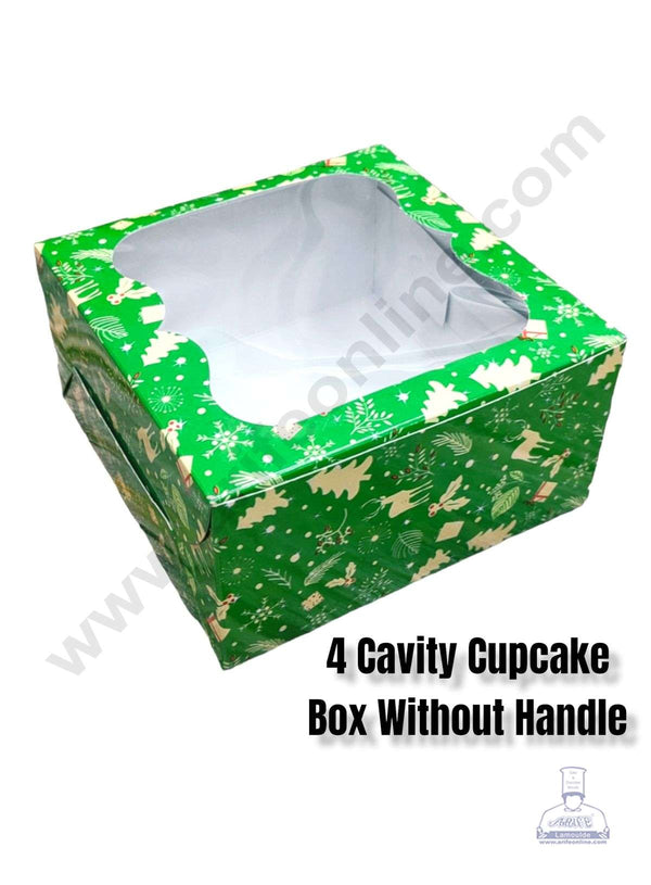 CAKE DECOR™ Christmas Theme 4 Cavity Cupcake Boxes Clear Window Without Handle, Cupcake Carriers - Christmas Theme 6 ( 10 Pcs Pack )