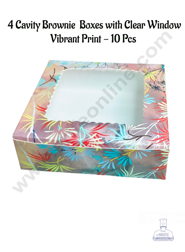 CAKE DECOR™ 4 Cavity Brownie Boxes with Clear Window Vibrant Print| Brownie Carriers - 10 Pcs Pack