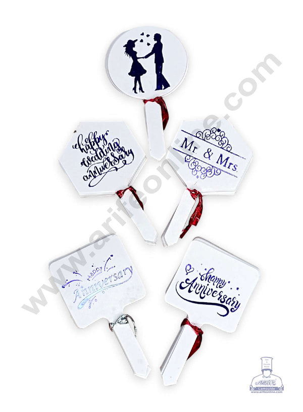 CAKE DECOR™ 50 pcs Happy Anniversary Tag Blue Foil Mix Design Paper Topper For Cake And Cupcake