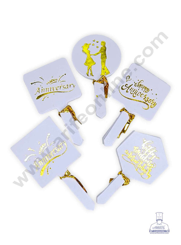 CAKE DECOR™ 100 pcs Happy Anniversary Tag Gold Foil Mix Design Paper Topper For Cake And Cupcake