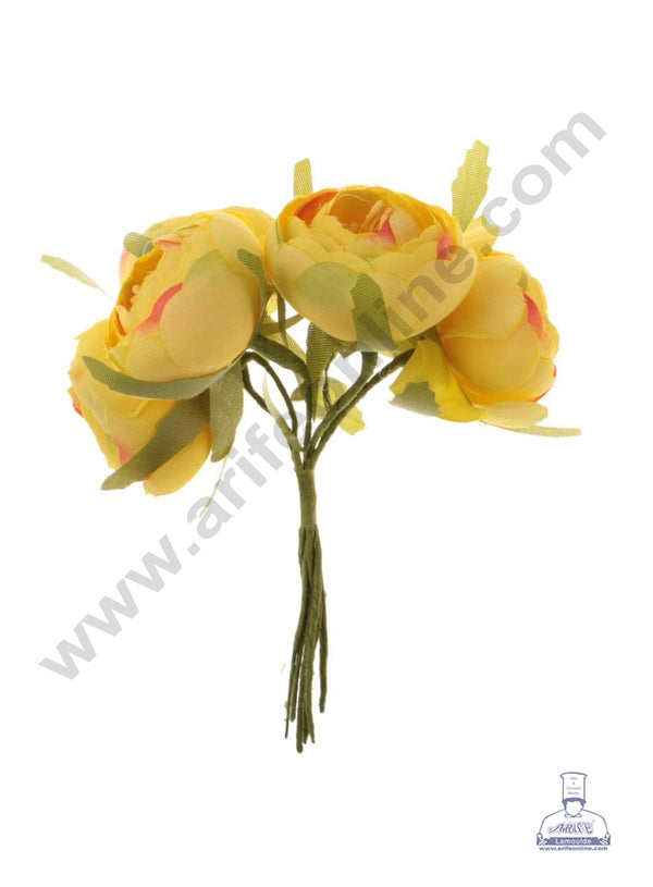 CAKE DECOR™  Small Peony Artificial Flower Bunch For Cake Decoration – Yellow ( 6 pc pack )