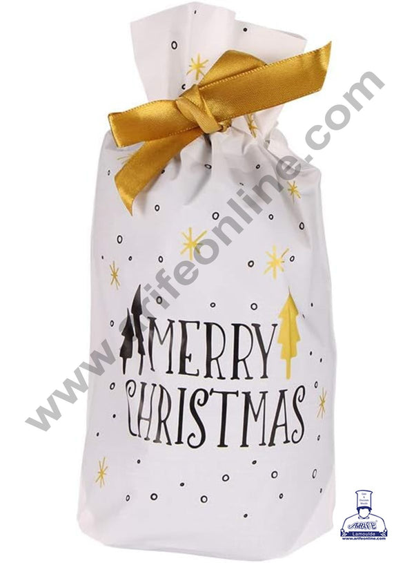 Cake Decor ™ Big White Color Christmas Theme Cookie pouch Plastic Drawstring Bag Treat With Ribbon | Design - 04  | Pack of 10 | (23cm X 15cm)