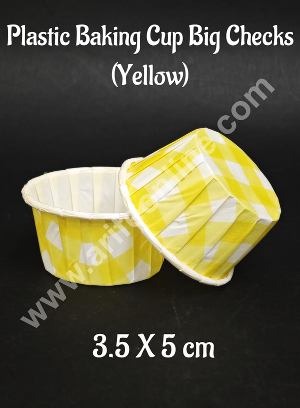 Cake Decor™ Plastic Baking Cup Direct Bakeable Paper Muffin Cups With Big Checks -  Yellow (50 Pc)