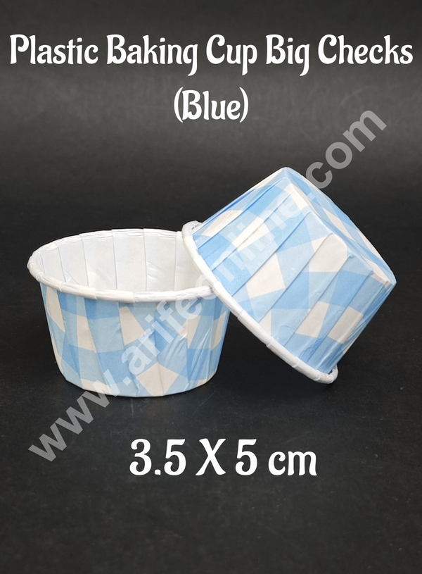 Cake Decor™ Plastic Baking Cup Direct Bakeable Paper Muffin Cups With Big Checks -  Blue (50 Pc)