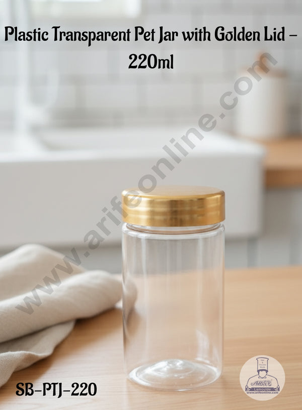 CAKE DECOR™  Clear Plastic Pet Jar with Golden Lid - 1 Piece - 220 ml - SB-PTJ-220