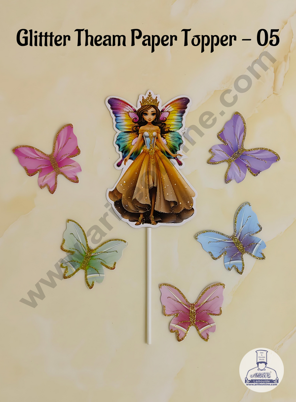 CAKE DECOR™ 6 pcs Butterfly Fairy Tag with Multi Colour Glitter Butterfly Paper Topper For Cake And Cupcake