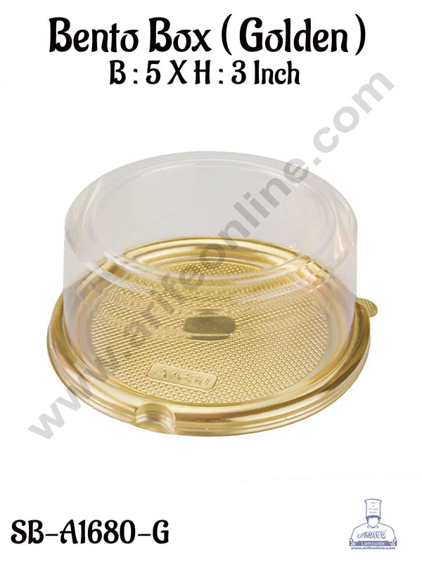 CAKE DECOR™  PVC Round Bento Box With Golden Base Cake Box | Dessert Packaging - 5 inch (5 Pcs Pack)