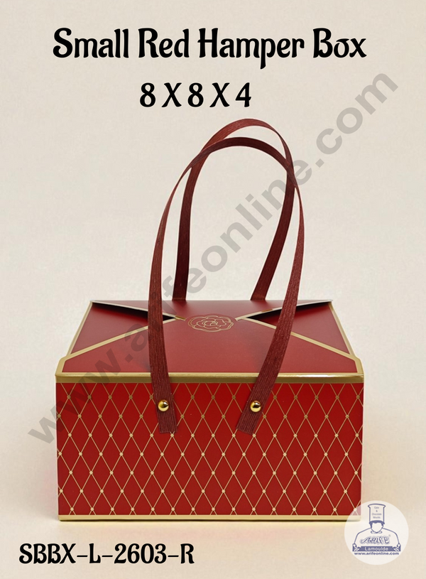 Small Red Luxury Hamper Box with Handles | 8 x 8 x4 Premium Gifting Box | Decorative Packaging Box | 1 Pc Pack - CAKE DECOR™