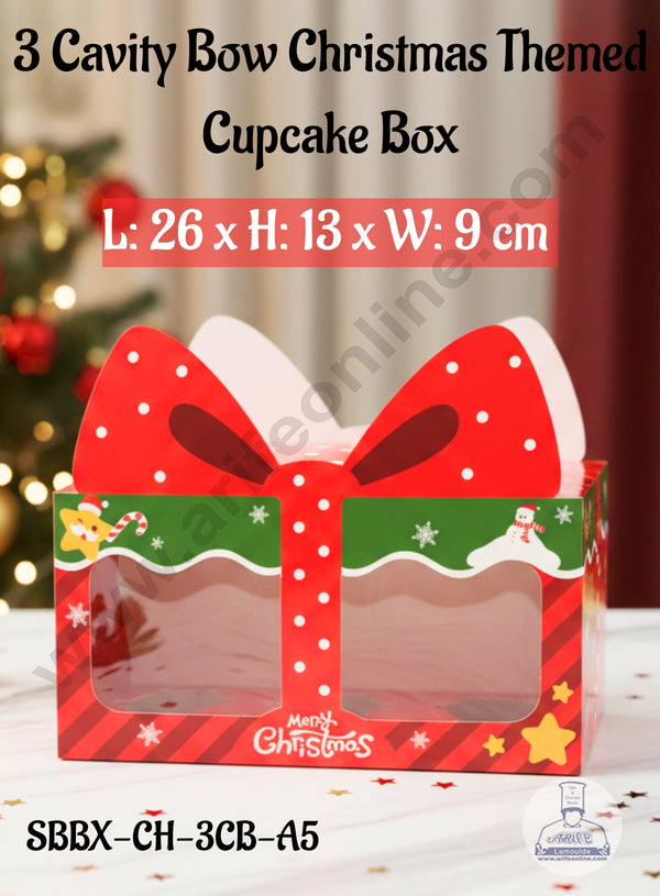 CAKE DECOR™ 3 Cavity Bow Christmas Themed Cupcake Box with Clear Window and Handle - 10 Piece Pack