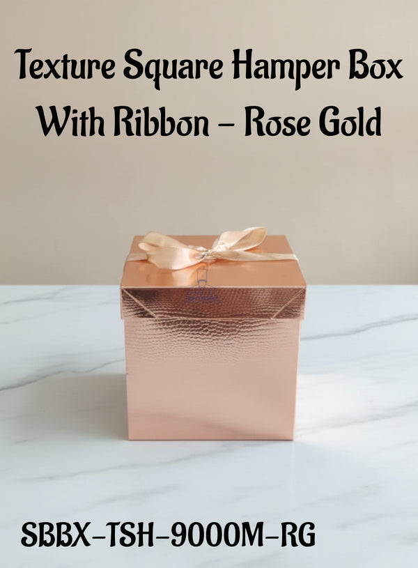 Texture Square Hamper Box With Ribbon - Rose Gold | 15 x 15 x 15 cm | 1 Piece - CAKE DECOR™