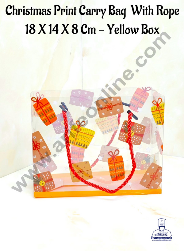 CAKE DECOR™ Christmas Print Carry Bag  With Rope (18 X 14 X 8 Cm) - Yellow Box | Gift Box | Gift Bag with Handle (1 Pcs Pack)