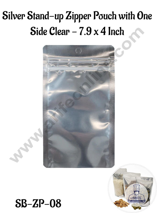 CAKE DECOR™  Small Silver Stand-up Zipper Pouch with One Side Clear - 7.9 x 4 Inch (Pack of 10)(SB-ZP-08)