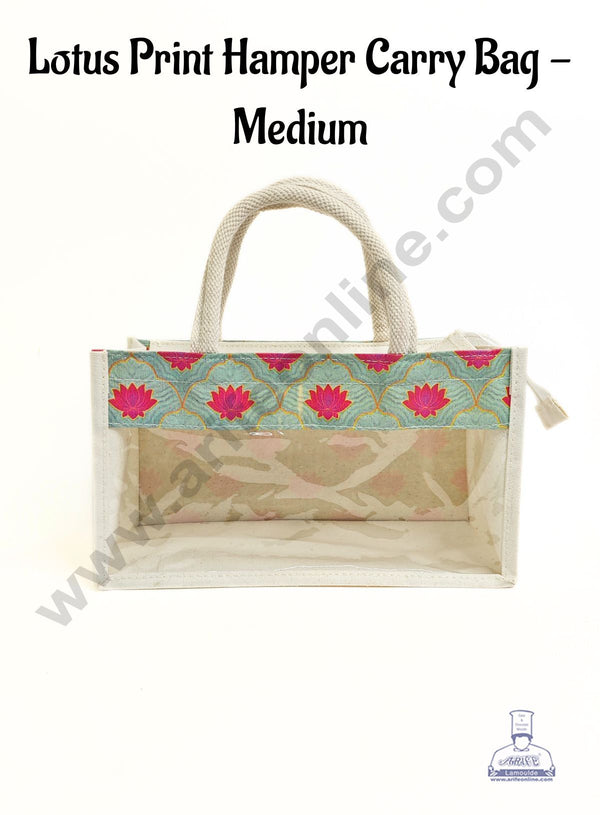 Lotus Printed With Transparent Front Jute Hamper Carry Bag - Medium  - CAKE DECOR™