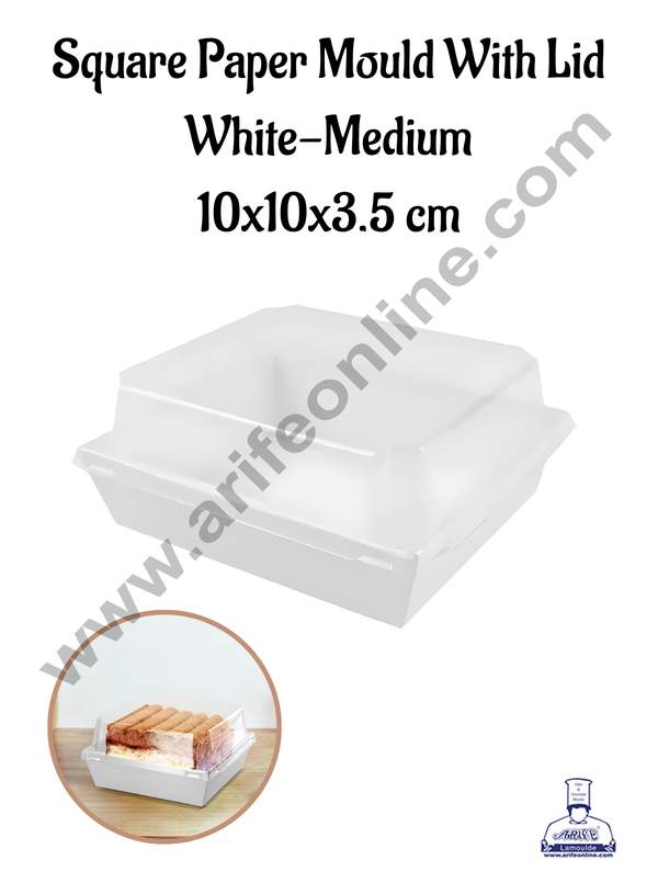 CAKE DECOR™ Square Shape Paper Moulds With Lid - White- Medium (10 Pcs Pack)