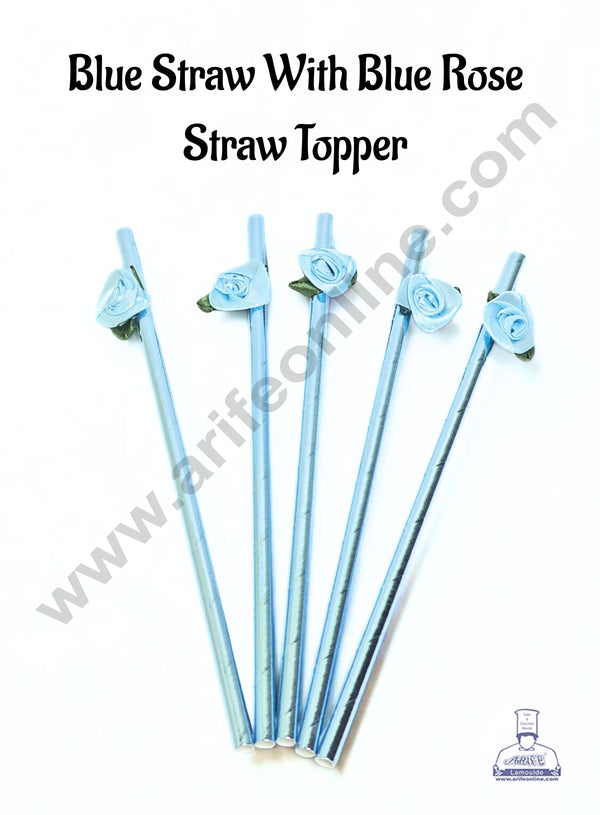 Blue Straw With Blue Rose  Straw Topper For Cake Decoration - CAKE DECOR™