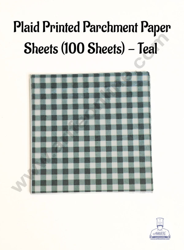 Printed Parchment Paper | Bento Box Liner | Grease Proof Paper | Wrap Paper -Teal Checks/Plaid Print (100 Sheets) CAKE DECOR™