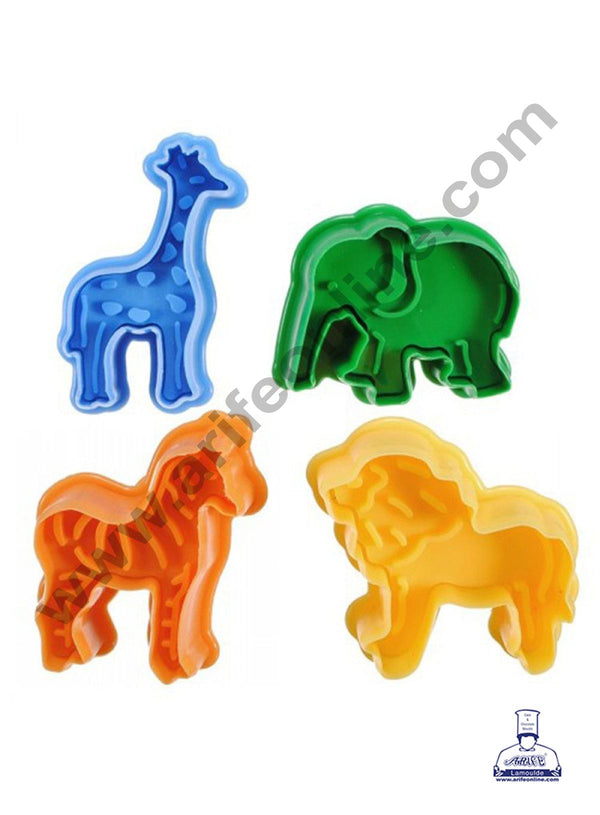 Cake Decor 4 Pc Animals Lion Elephant Giraffe Zebra Plastic Biscuit Cutter Plunger Cutter