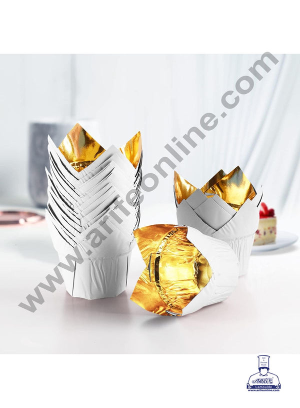 CAKE DECOR™ White Foil with Golden Lining Tulip Cup Shaped Muffin Mould - (50 Pcs)