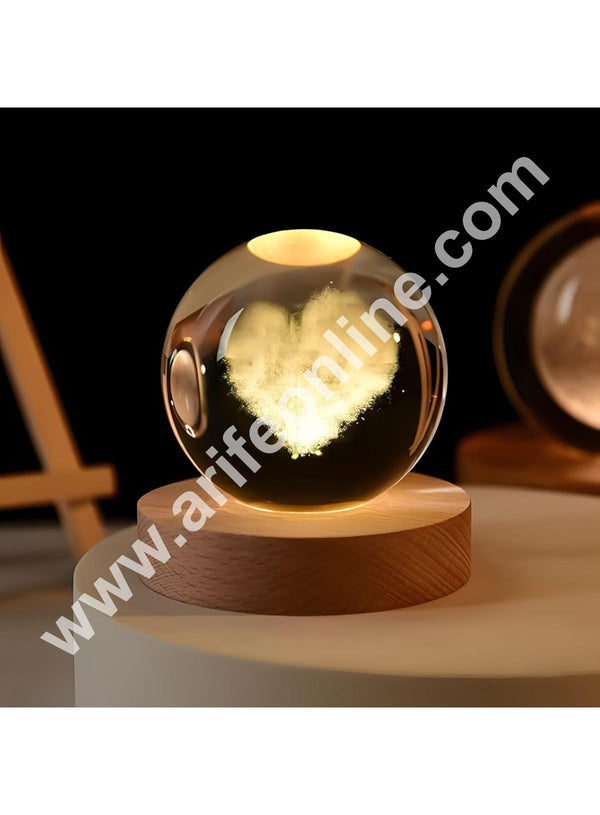 3D Crystal Heart Ball Night Lamp | USB Table LED with Wooden Stand for Home Office Christmas Decoration | Birthday Gift | Cake Decoration