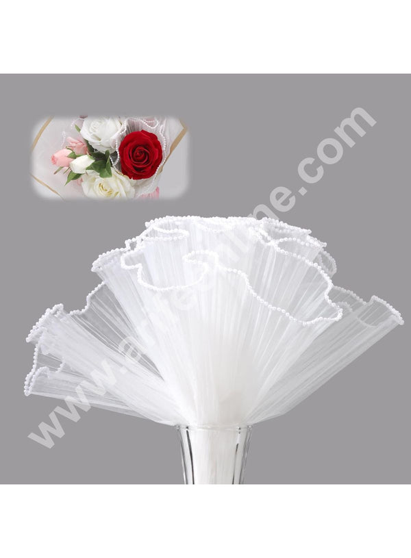 CAKE DECOR™ White Flower Wrapping Mesh | Pearl Edge Wrinkled Wavy Net Flower Wrapping Bouquet Paper