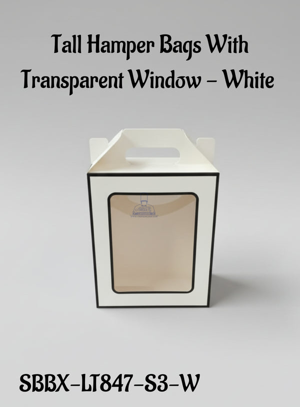 Tall Hamper Bags With Transparent Window - White| 18 x 10 x 23 cm | 1 Piece - CAKE DECOR™