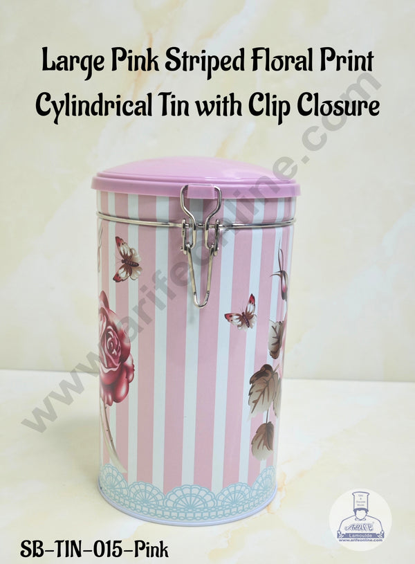 CAKE DECOR™ Large Pink Striped Floral Print Cylindrical Tin with Clip Closure - SB-TIN-015-Pink