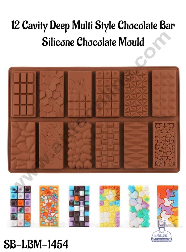 CAKE DECOR™ 12 Cavity Mini Deep Multi Style Chocolate Bar Silicone Chocolate Mould
