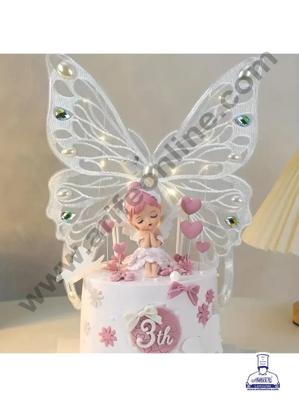 CAKE DECOR™ Elegant Ceramic Fairy Doll Cake Topper with Embroidered Butterfly Wings - White