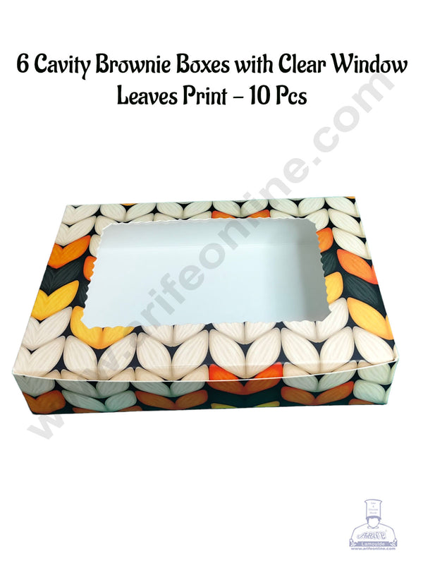 CAKE DECOR™ 6 Cavity Brownie Boxes with Clear Window Leaves Print | Brownie Carriers - 10 Pcs Pack