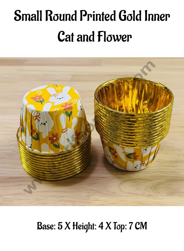 CAKE DECOR™ Printed Theme Golden Foil Coated Paper Muffin Cups -Cat and Flower (50 Pcs)